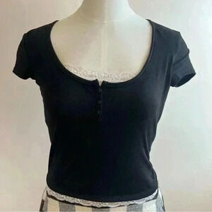 Just Polly New York Women’s Black Top White Lace Stretchy Blouse Small